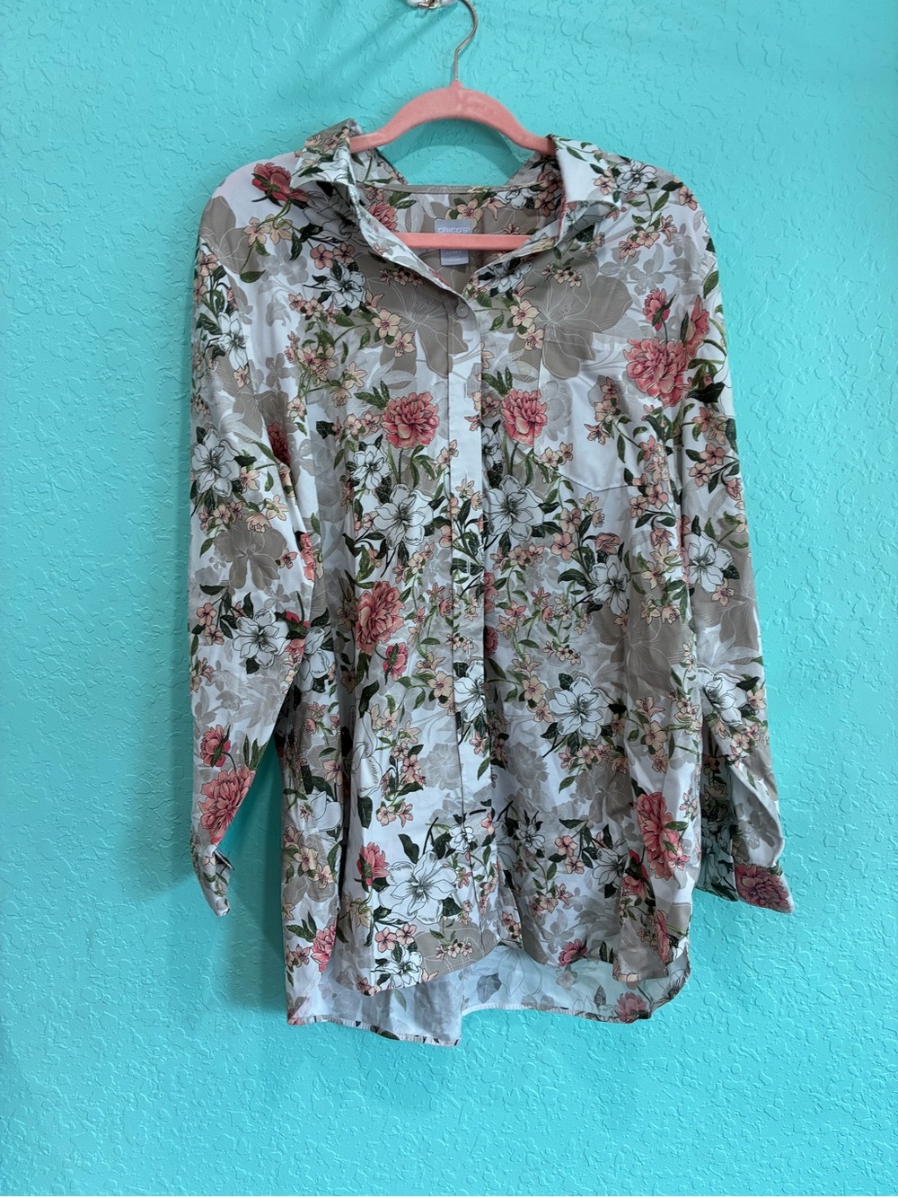 Chicos 3 non iron  Button-Up Blouse in Pink & Beige shirt floral 16 plus